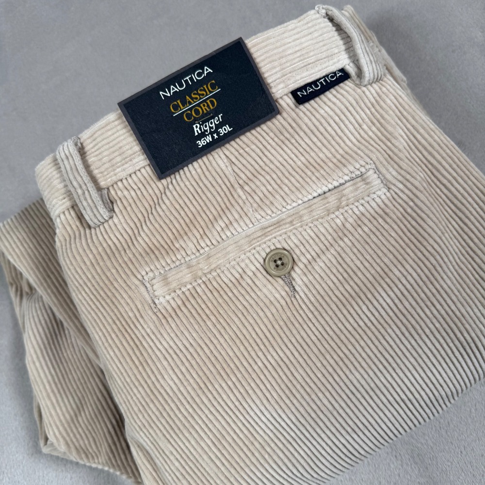 Nautica Rigger Pants Mens 36x30 Beige Classic Corduroy Pleated Cuffed